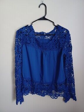 Women's‎ Size M Unbranded Blue Lace Long Sleeve Blouse Shirt Design Night Out